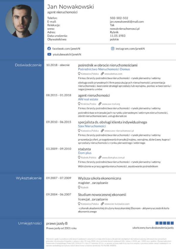 Profesjonalne CV niebieskie